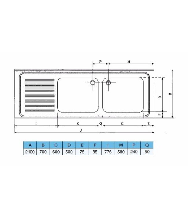 Spoeltafelblad | dubbele bak rechts (H)30x(B)60x(D)50 | geheel (B)210x(D)70
