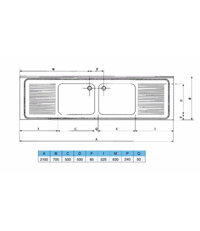 Spoeltafelblad | dubbele bak midden (H)30x(B)50x(D)50 | geheel (B)210x(D)70