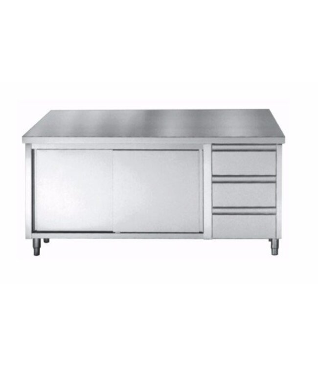 Werktafel RVS met deuren en 3 lades | Chef Line | (H)85/90x(B)180x(D)70