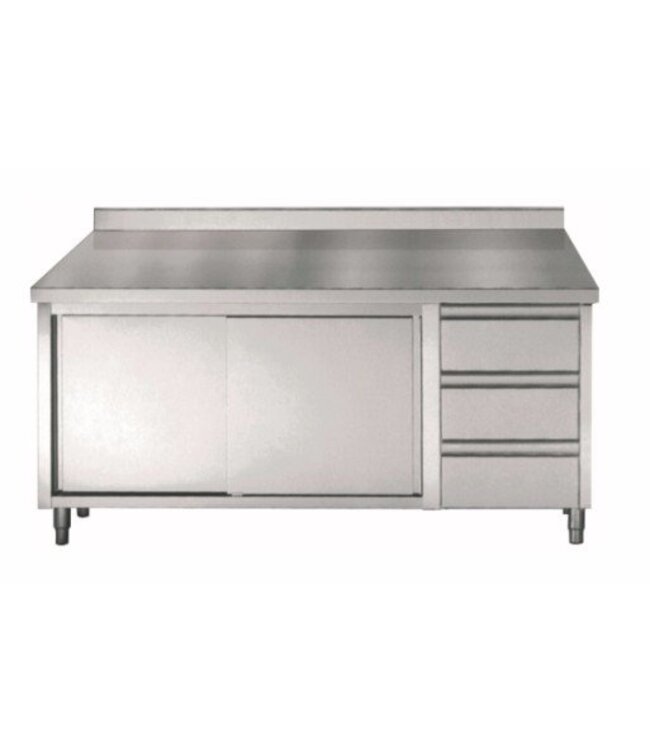 Werktafel RVS met deuren en 3 lades | achteropstand | Chef Line | (H)85/90x(B)160x(D)70