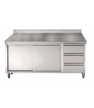 Werktafel RVS met deuren en 3 lades | achteropstand | Chef Line | (H)85/90x(B)200x(D)70