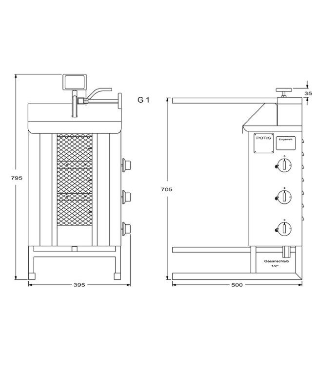 Döner gyros grill G1 | op gas | 15kg vlees | 340mm hoog