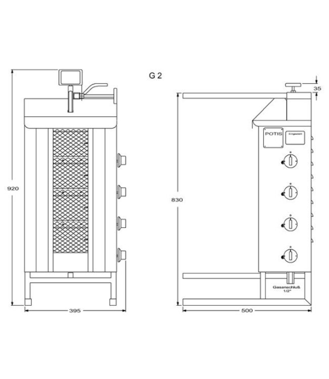 Döner gyros grill G2 | op gas | 30kg vlees | 470mm hoog