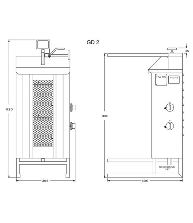 Döner gyros grill GD2 | op gas | 30kg vlees | 430mm hoog