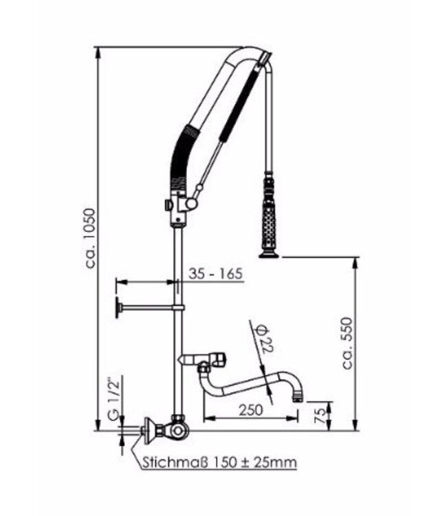 Voorspoeldouche TC | wandmodel | dubbelgats 150mm | 1/2" aansluiting | met thermostaat