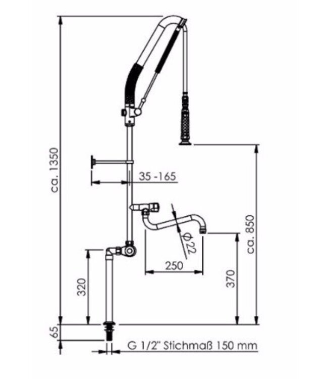 Voorspoeldouche TC | tafelmodel | dubbelgats 150mm | 1/2" aansluiting | met thermostaat