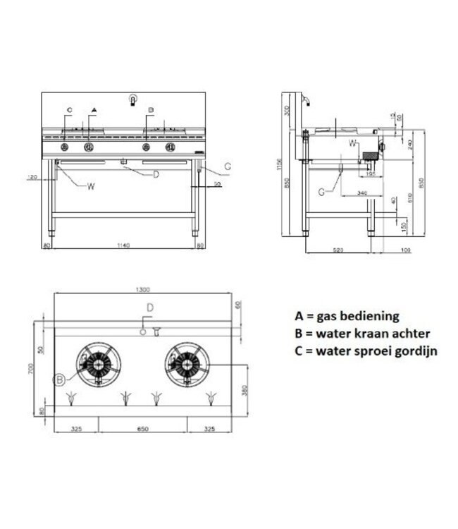Woktafel met watergordijn | aardgas | 2 branders | 26kW | (H)85/115x(B)130x(D)70