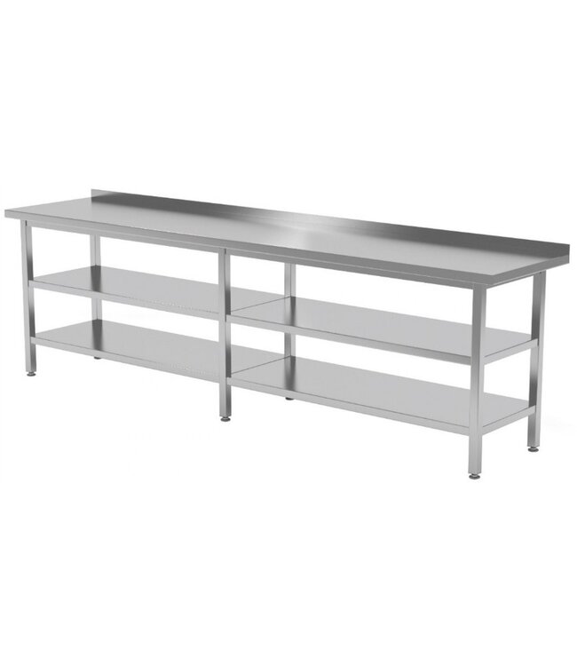 Werktafel met dubbel onderblad en spatrand | Breedte 2000-2800mm | Diepte 600-700mm | 18 opties