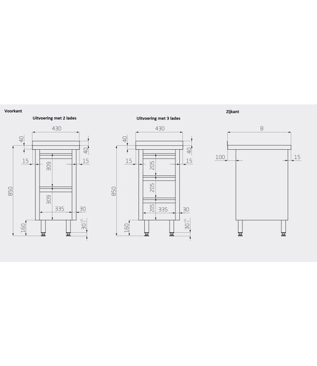 Werktafel met lades en spatrand | 2-6 lades | Breedte 430-830mm | Diepte 600-700mm | 8 opties