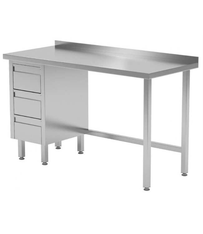 Werktafel met 3 lades links en spatrand | Breedte 800-1900mm | Diepte 600-700mm | 24 opties