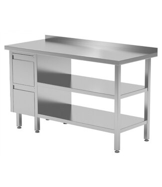Werktafel met 2 lades links, dubbel onderblad en spatrand | Breedte 800-1900mm | Diepte 600-700mm | 24 opties