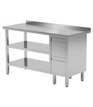 Werktafel met 2 lades rechts, dubbel onderblad en spatrand | Breedte 800-1900mm | Diepte 600-700mm | 24 opties