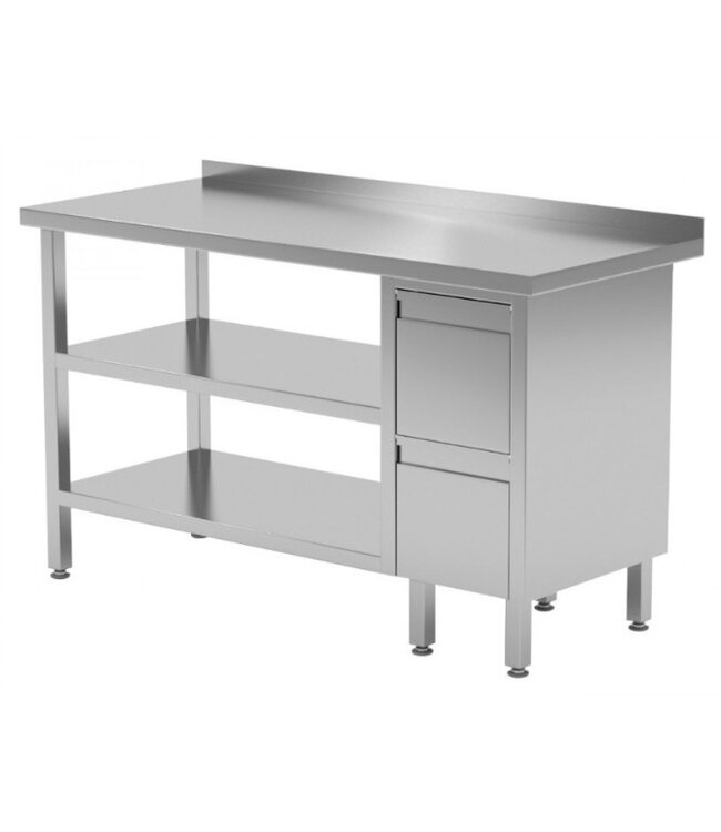 Werktafel met 2 lades rechts, dubbel onderblad en spatrand | Breedte 800-1900mm | Diepte 600-700mm | 24 opties