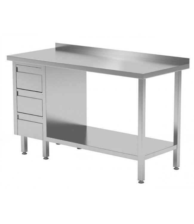 Werktafel met 3 lades links, onderblad en spatrand | Breedte 800-1900mm | Diepte 600-700mm | 24 opties