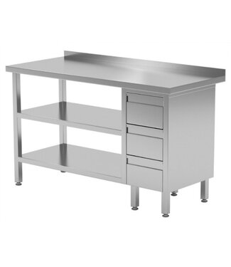 Werktafel met 3 lades rechts, dubbel onderblad en spatrand | Breedte 800-1900mm | Diepte 600-700mm | 24 opties