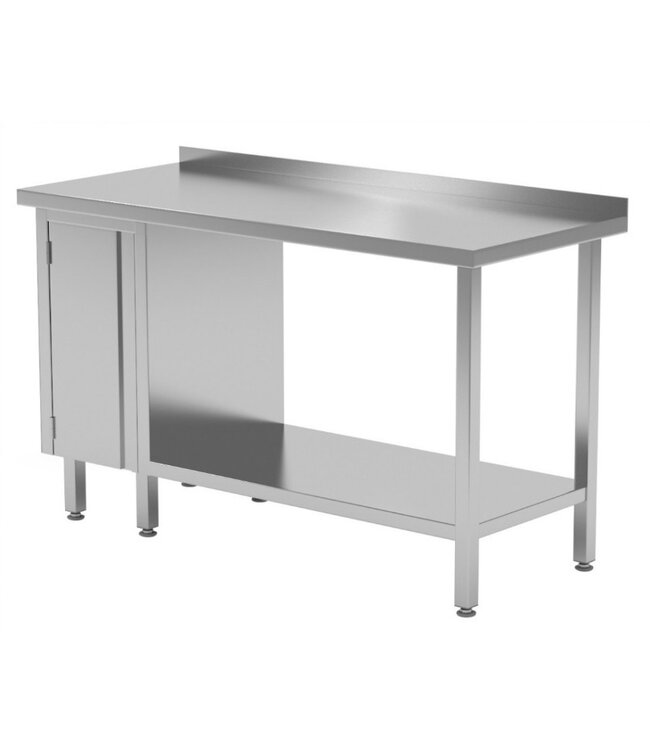 Werktafel met klapdeur links, onderblad en spatrand | Breedte 800-1900mm | Diepte 600-700mm | 24 opties
