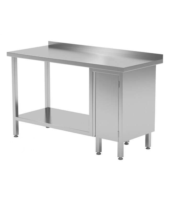 Werktafel met klapdeur rechts, onderblad en spatrand | Breedte 800-1900mm | Diepte 600-700mm | 24 opties