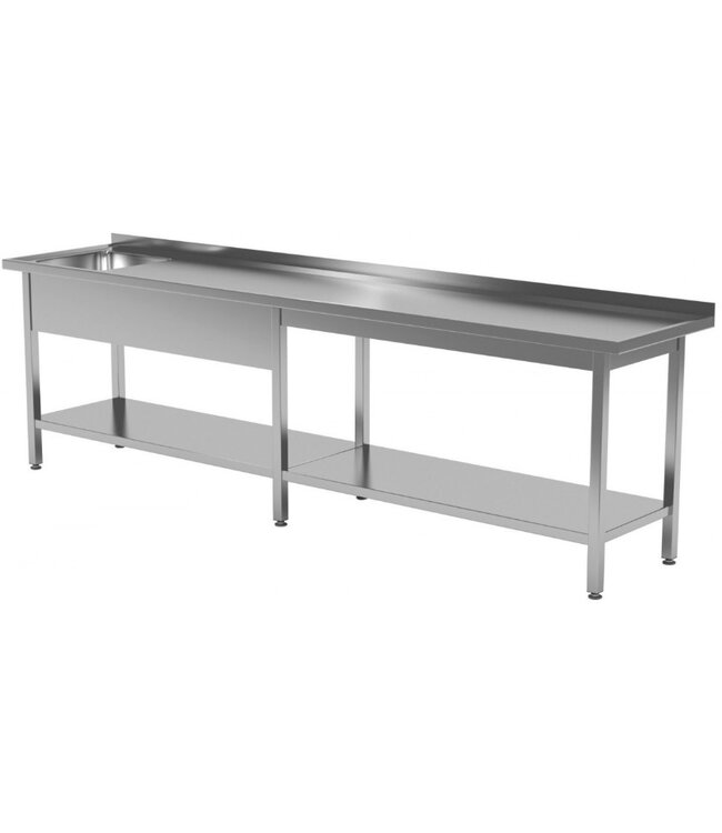 RVS tafel met spoelbak links en onderblad | Breedte 2000-2800mm | Diepte 600-700mm | 18 opties