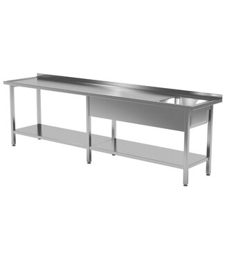 RVS tafel met spoelbak rechts en onderblad | Breedte 2000-2800mm | Diepte 600-700mm | 18 opties