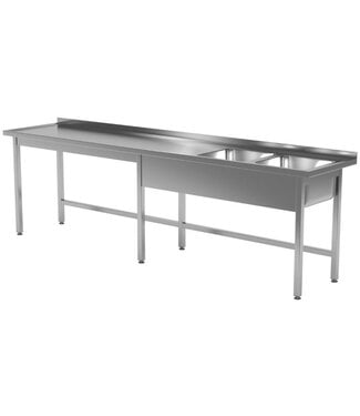 RVS tafel met dubbele spoelbak rechts | Breedte 2000-2800mm | Diepte 600-700mm | 18 opties