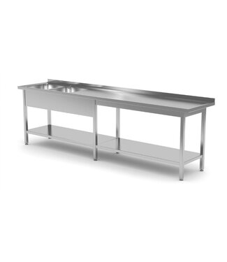 RVS tafel met dubbele spoelbak links en onderblad | Breedte 2000-2800mm | Diepte 600-700mm | 18 opties