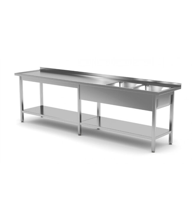 RVS tafel met dubbele spoelbak rechts en onderblad | Breedte 2000-2800mm | Diepte 600-700mm | 18 opties