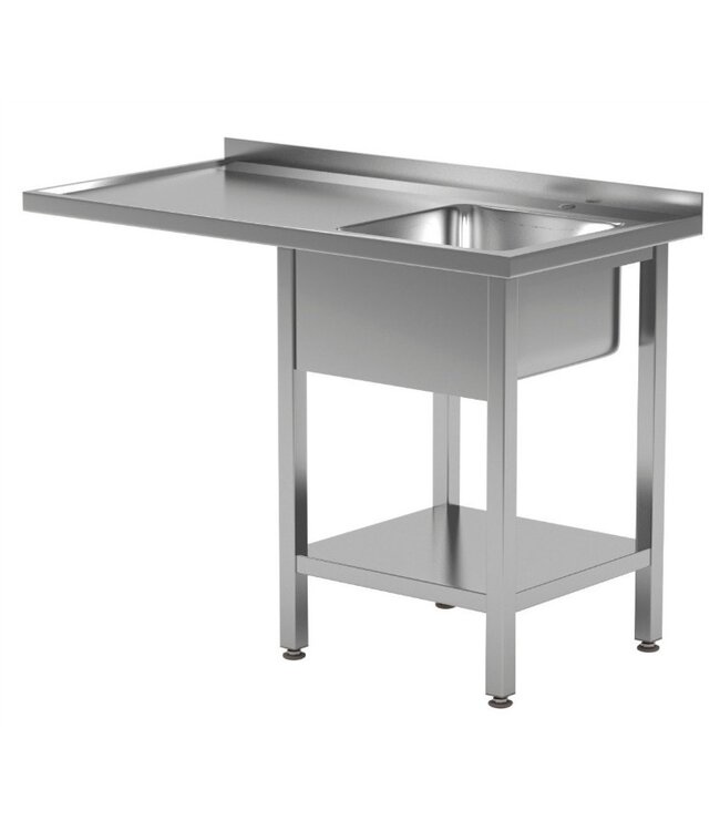 Tafel met spoelbak rechts, onderplank en onderruimte | Breedte 1200-1900mm | Diepte 600-700mm | 16 opties