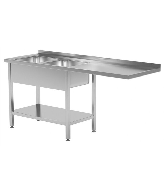 Tafel met 2 spoelbakken links, onderplank en onderruimte | Breedte 1600-2400mm | Diepte 600-700mm | 18 opties