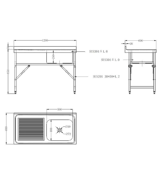 Inklapbare RVS spoeltafel | 1 bak | (H)91x(B)120x(D)60