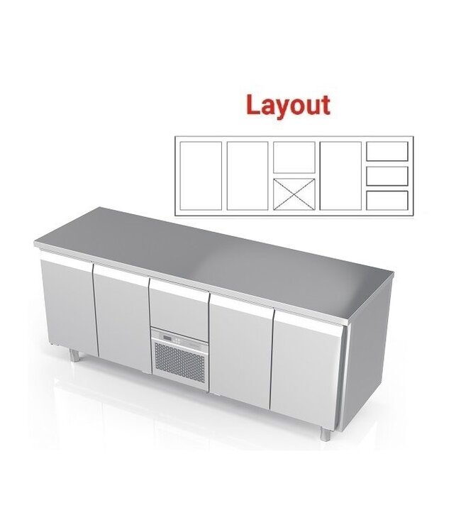 Koelwerkbank | layout 11 | 3 deurs en 4 lades rechts | -2 tot 8° | (H)85/90x(B)213x(D)70cm