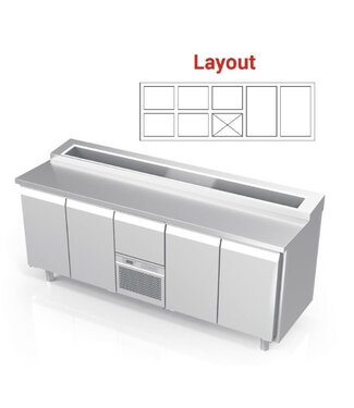 Pizzawerkbank | layout 7 | boven 12x 1/6GN | (H)85/90x(B)213x(D)70cm