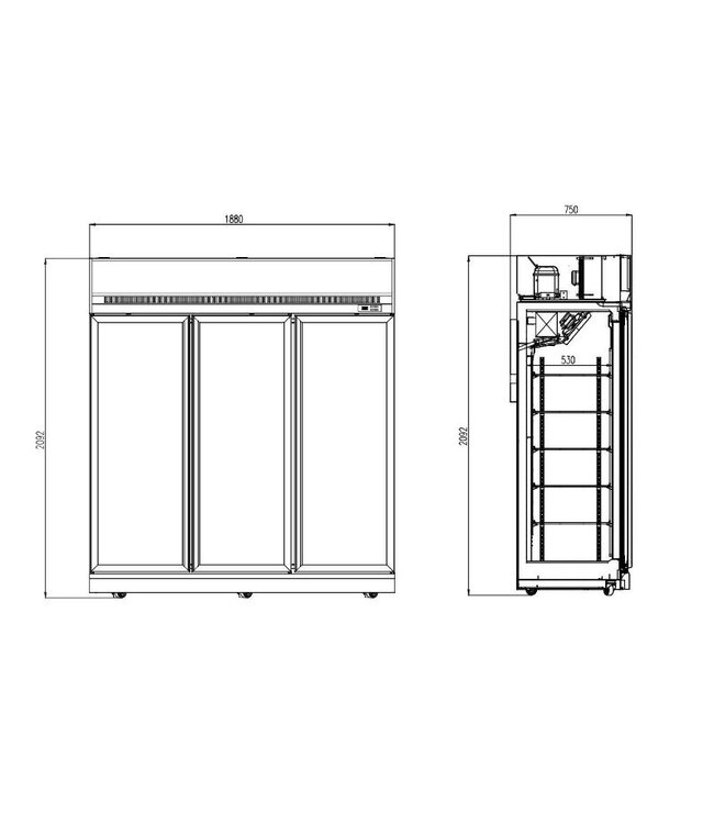 Vrieskast met 3 glazen deuren | Wit | 1530L | (H)209,2x188x71cm
