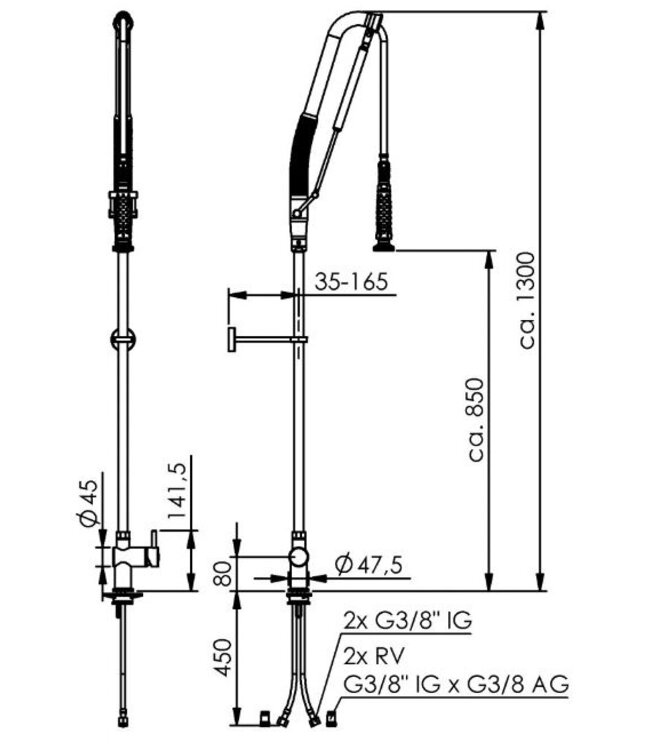 Voorspoeldouche TC | tafelmodel | enkelgats | 3/8" aansluiting | 1-hendel