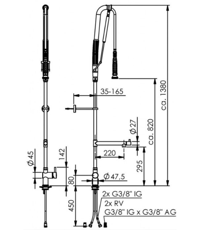 Voorspoeldouche TC | tafelmodel | enkelgats | 3/8" aansluiting | 1-hendel | tussenkraan