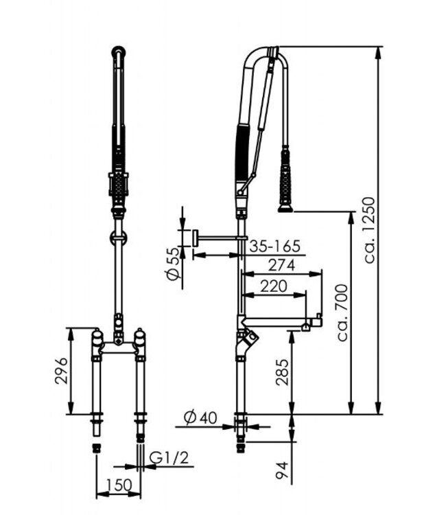 Voorspoeldouche TC | tafelmodel | dubbelgats 150mm | 1/2" aansluiting | tussenkraan laag
