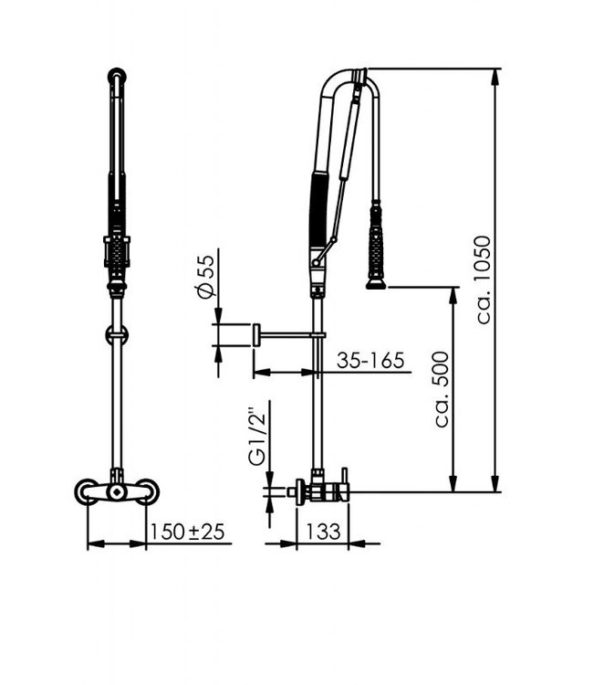 Voorspoeldouche TC | wandmodel | dubbelgats 150mm | 1/2" aansluiting | 1-hendel