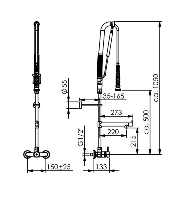 Voorspoeldouche TC | wandmodel | dubbelgats 150mm | 1/2" aansluiting | 1-hendel | tussenkraan hoog