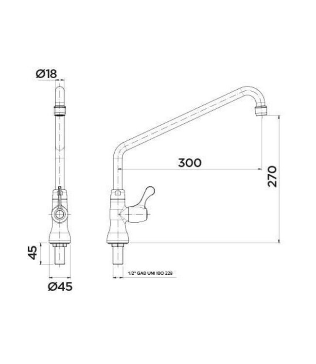 Enkele kraan | tafelmodel | enkelgats | 1/2" aansluiting | 1 hendel | 300mm zwenktuit