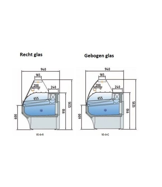 Koeltoonbank | VE-9 | vlees- en zuivel producten | (B)202,5x(D)94x(H)91/123,5cm | diverse opties