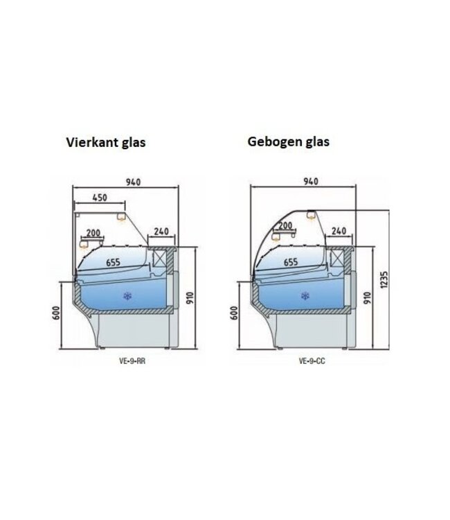 Koeltoonbank | VE-9 | vlees- en zuivel producten | (B)152,5x(D)94x(H)91/123,5cm | vierkant glas | diverse opties
