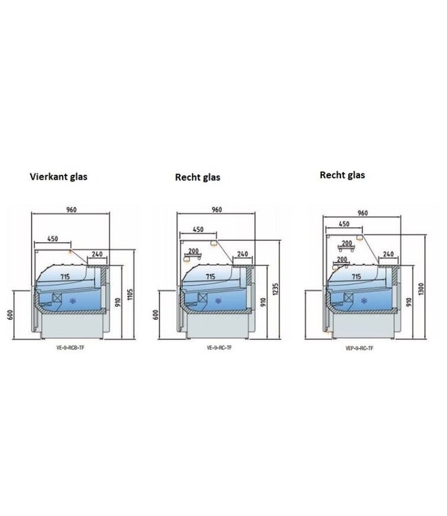 Koeltoonbank | VE-9-RC | taart, gebak, vlees- en zuivel producten | (B)299,5x(D)96x(H)91/130cm | vierkant glas | diverse opties