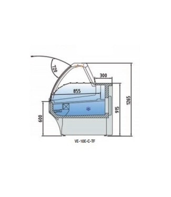 Koeltoonbank | VE-10E-C | vlees producten | (B)202,5x(D)110x(H)91,5/126,5cm | 72° draaiend glas | diverse opties