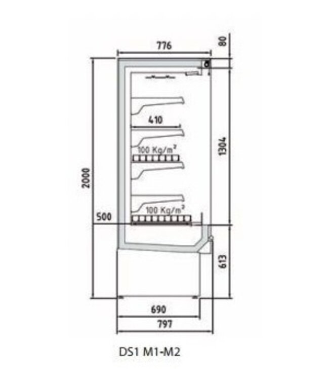 Wandkoeling DS1 25 I M1 | Fruit, vlees- en zuivel producten | Zonder deuren | (B)256x(D)79,7x(H)200cm | Diverse opties