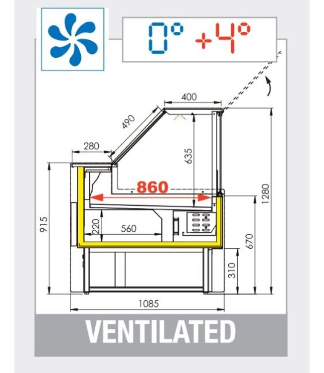 Koeltoonbank Venice | Geventileerd model | (H)128x(B)250x(D)108,5cm