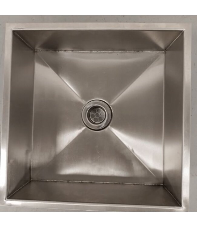 Occasion: Maatwerk RVS spoelbak | 360x360x(h)120/135mm | AISI304 | x-bottom | afvoergat Ø50mm