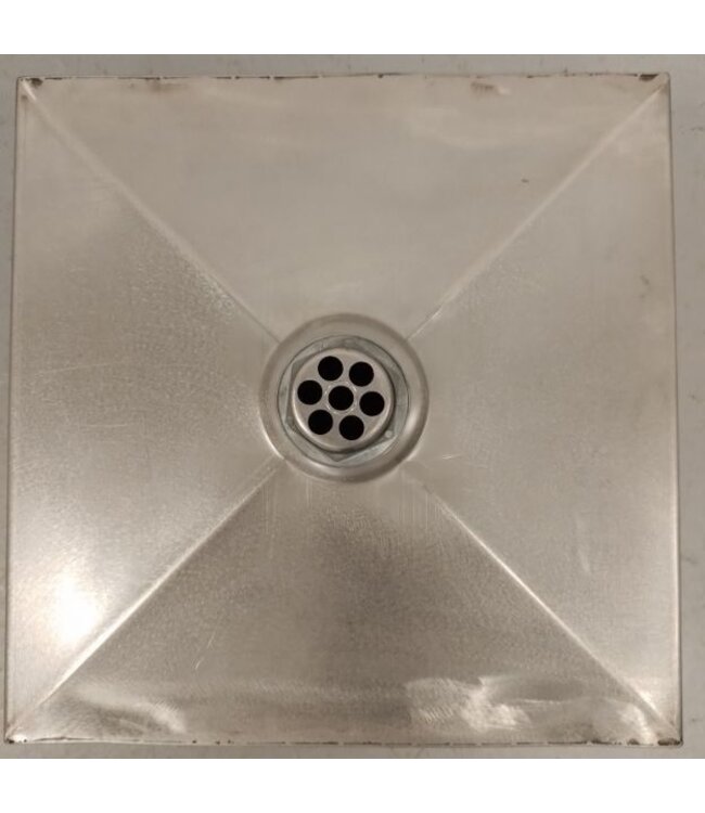 Occasion: Maatwerk RVS spoelbak | 360x360x(h)120/135mm | AISI304 | x-bottom | afvoergat Ø50mm
