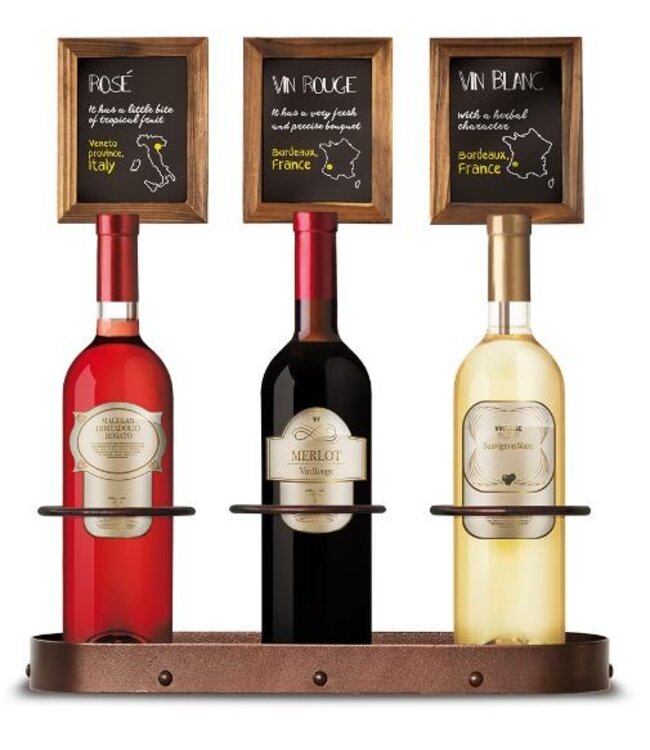 Wijnflessen display | Voor 3 flessen | met krijtbord | 44,2x39x11,3cm