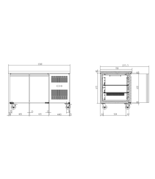 Koelwerkbank Chef Line | 2 Deurs | RVS | Met wielen | (H)85x136x70cm