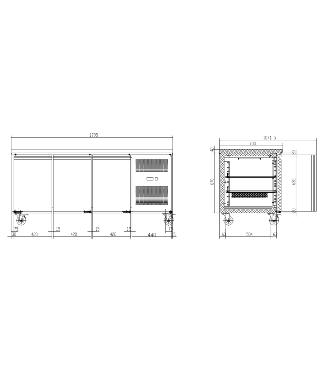 Koelwerkbank Chef Line | 3 Deurs | RVS | Met wielen | (H)85x179,5x70cm