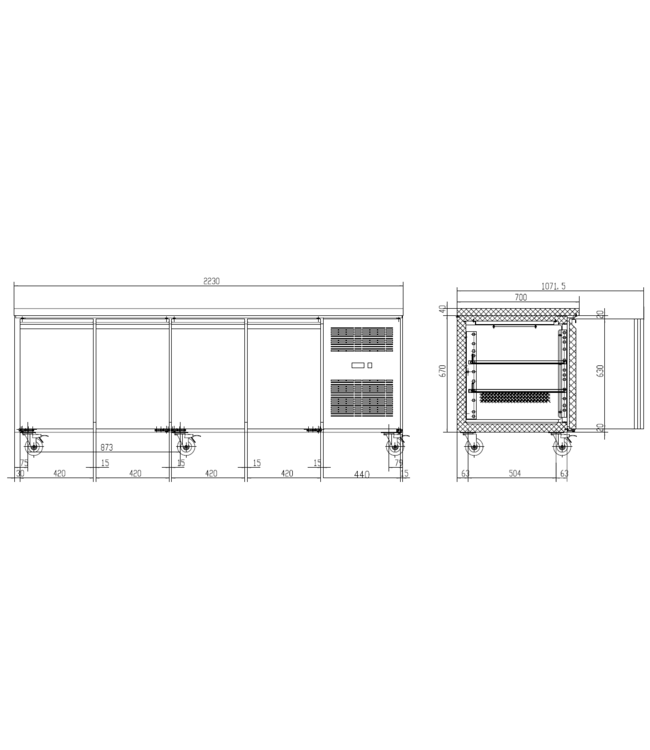 Koelwerkbank Chef Line | 4 Deurs | RVS | Met wielen | (H)85x223x70cm